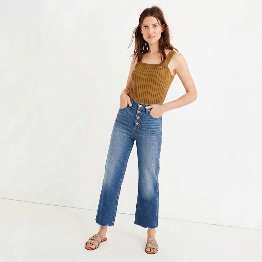 Madewell |  Slim Wide-Leg Crop Blue Button Fly Jeans *Raw Hem* Size 31